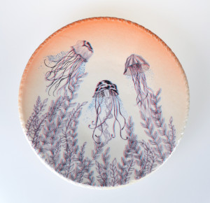 Jenn Demke-Lange. Jellyfish. 2015. Porcelain, glazes; Hand-built, glaze, illustrated anaglyph decals. Sold.